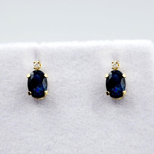 14K Gold Blue Sapphire Stud Earrings | 14K Yellow Gold Genuine Blue Sapphire with Diamond Stud Earrings, September Birthstone Jewelry, Gifts
