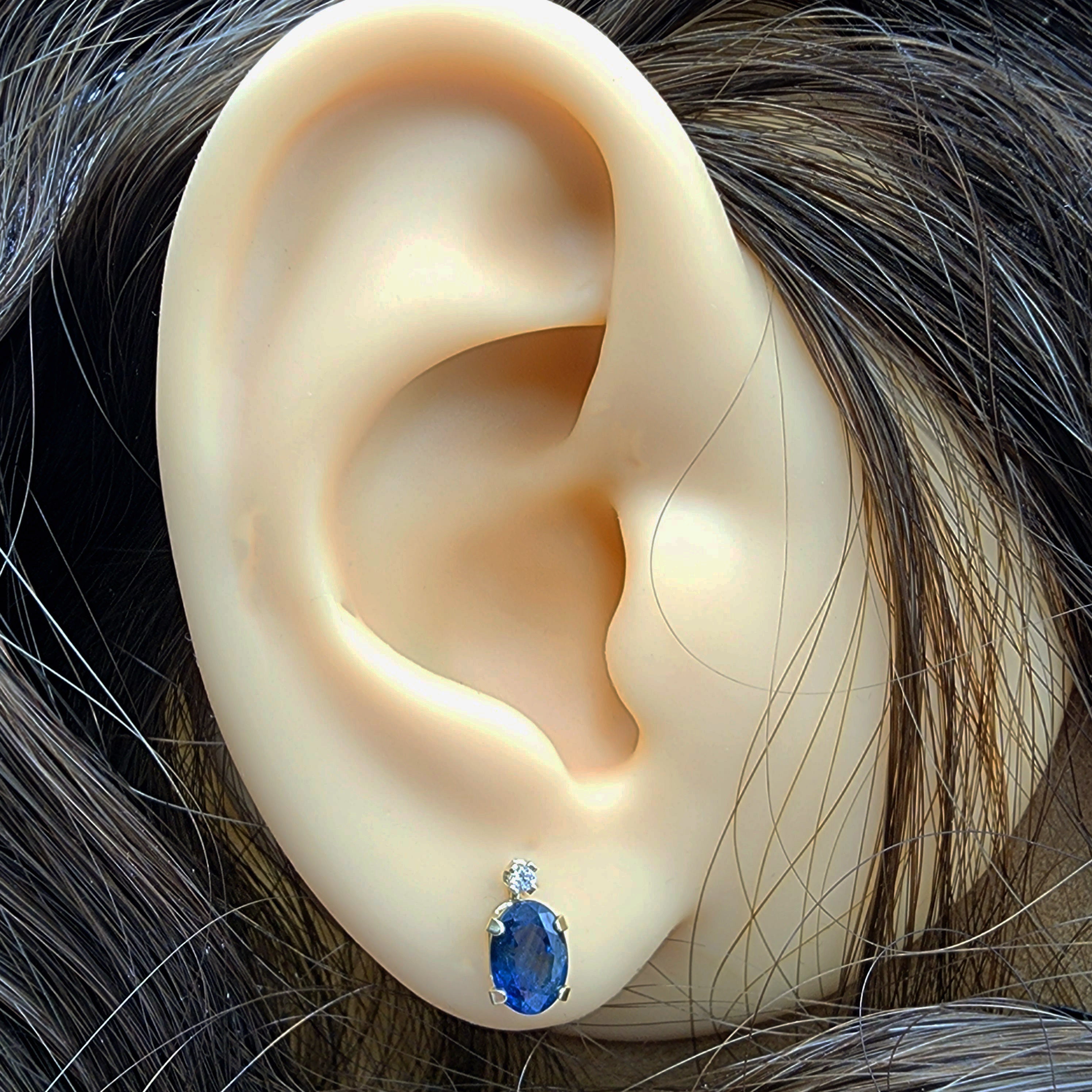 10K Gold Blue Sapphire Stud Earrings | 10K Yellow Gold Genuine Blue Sapphire with Diamond Stud Earrings, September Birthstone Jewelry, Gifts
