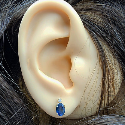 10K Gold Blue Sapphire Stud Earrings | 10K Yellow Gold Genuine Blue Sapphire with Diamond Stud Earrings, September Birthstone Jewelry, Gifts