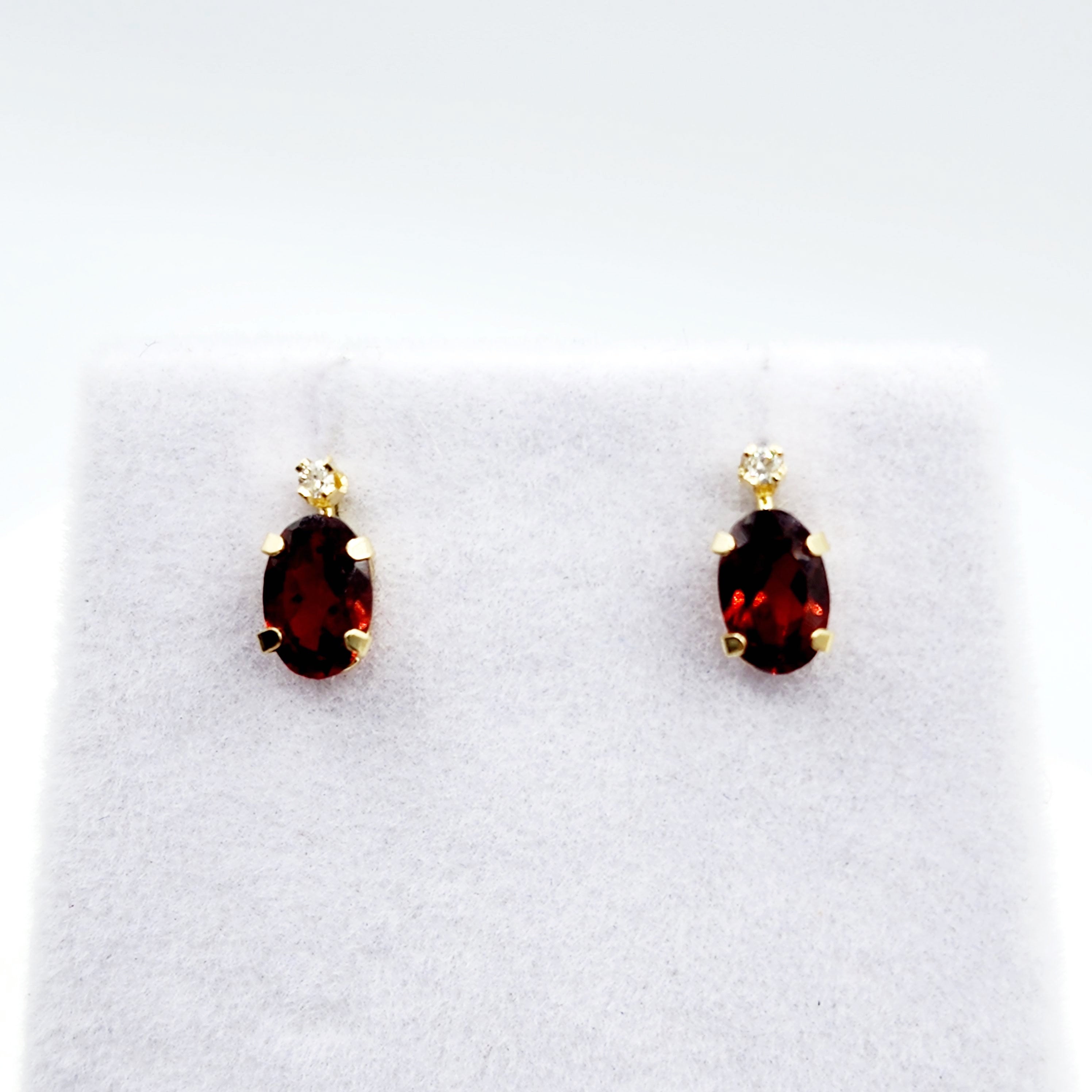 14K Gold Garnet Stud Earrings | 14K Yellow Gold Genuine Garnet with Diamond Stud Earrings, January Birthstone Jewelry, Gift For Women