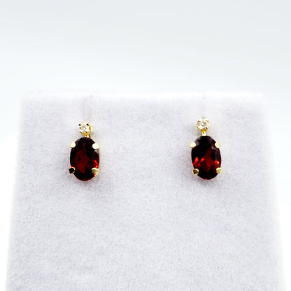 14K Gold Garnet Stud Earrings | 14K Yellow Gold Genuine Garnet with Diamond Stud Earrings, January Birthstone Jewelry, Gift For Women