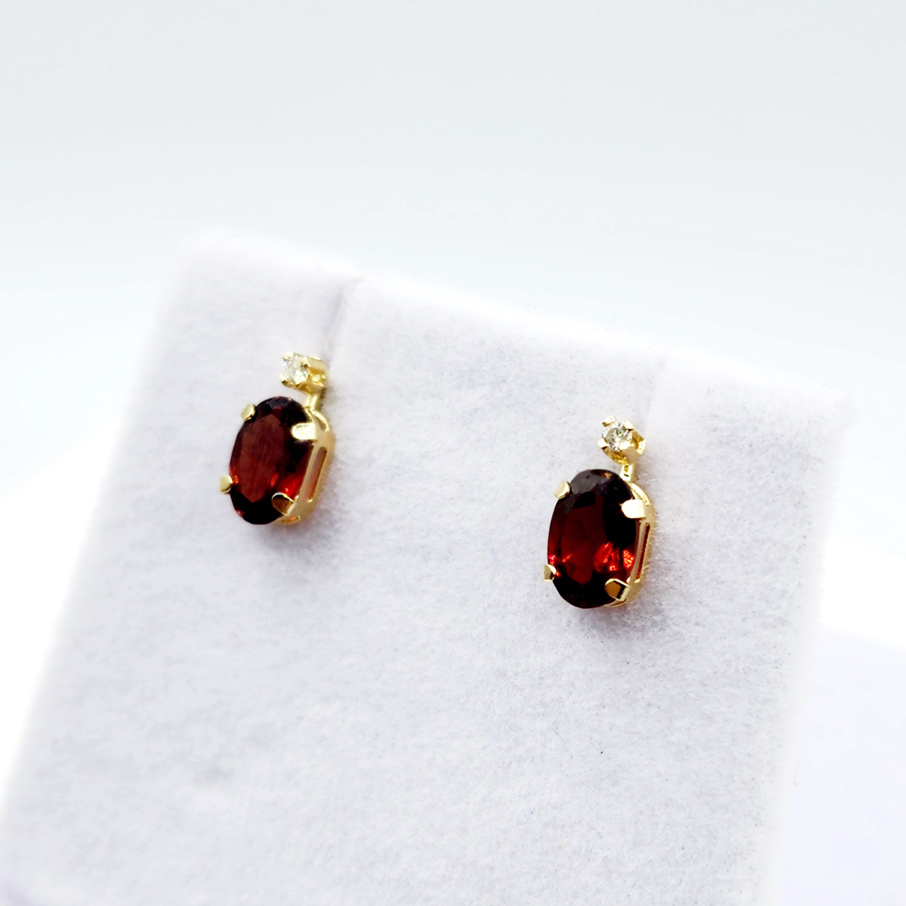 14K Gold Garnet Stud Earrings | 14K Yellow Gold Genuine Garnet with Diamond Stud Earrings, January Birthstone Jewelry, Gift For Women