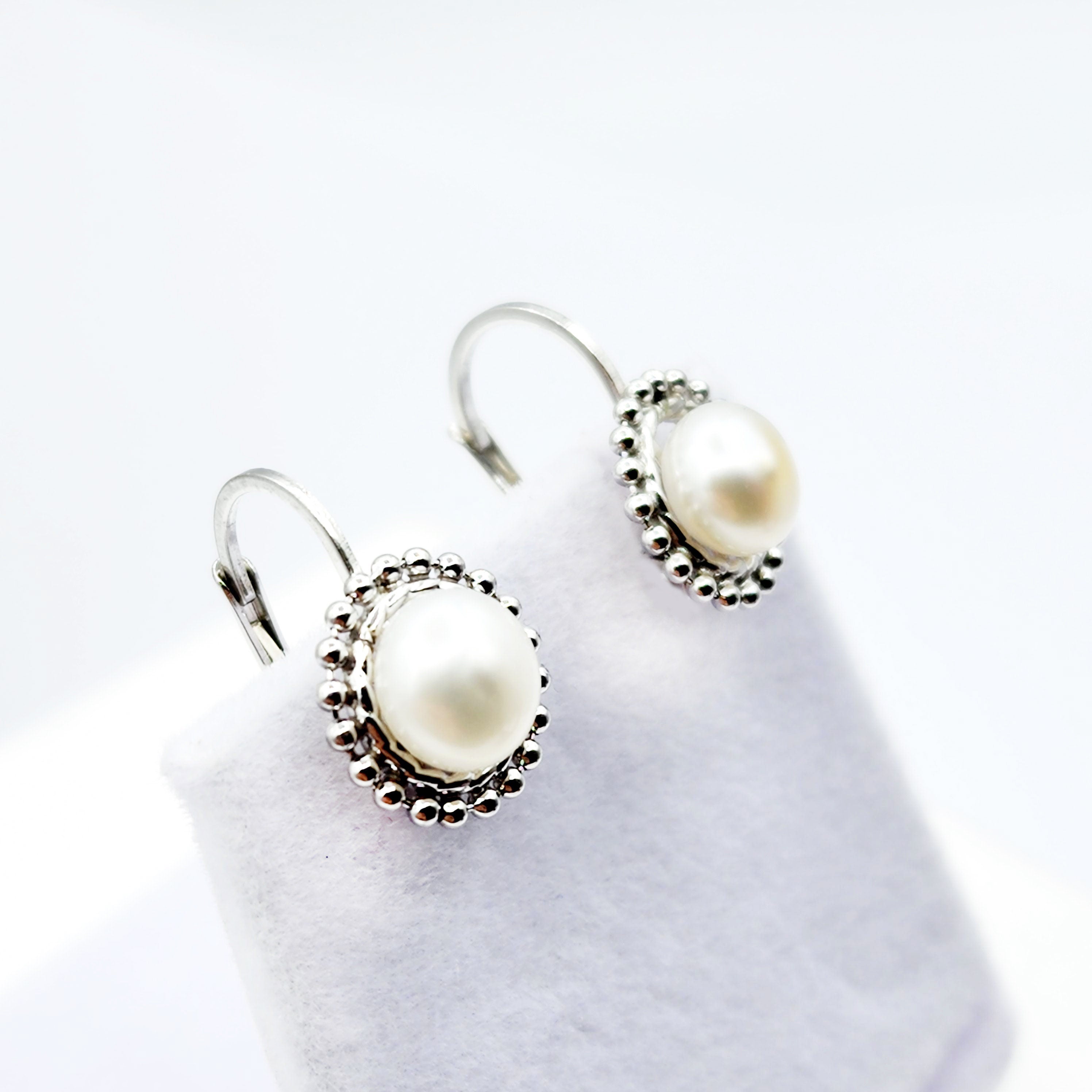 Sterling Silver Genuine Freshwater Pearl Migraine Earrings , Lever Back Pearl 7mm Earrings, June Birthstone, Natural Pearl Jewelry