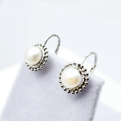Sterling Silver Genuine Freshwater Pearl Migraine Earrings , Lever Back Pearl 7mm Earrings, June Birthstone, Natural Pearl Jewelry
