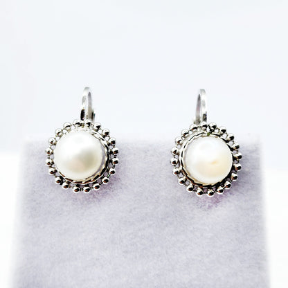 Sterling Silver Genuine Freshwater Pearl Migraine Earrings , Lever Back Pearl 7mm Earrings, June Birthstone, Natural Pearl Jewelry