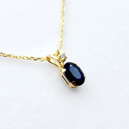 Gold Natural Blue Sapphire Pendant Necklace, 14K Yellow Gold Genuine Blue Sapphire 6x4mm with Diamond Pendant, September Birthstone