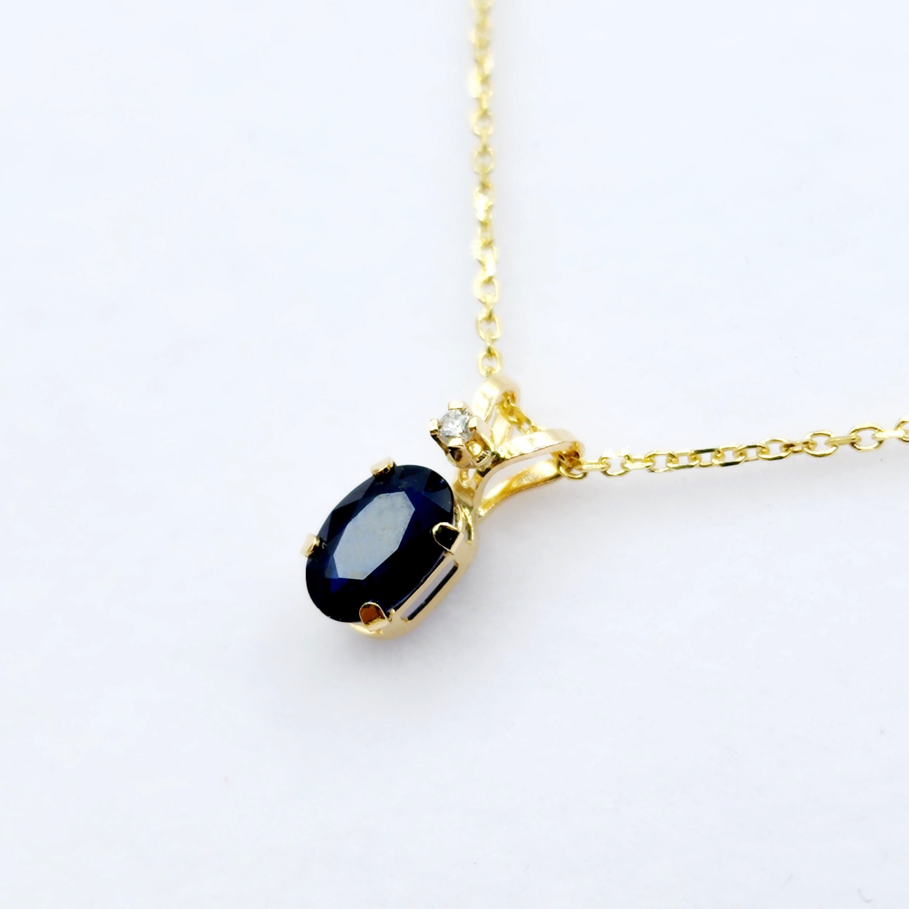 Gold Natural Blue Sapphire Pendant Necklace, 14K Yellow Gold Genuine Blue Sapphire 6x4mm with Diamond Pendant, September Birthstone