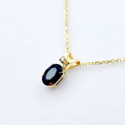 Gold Natural Blue Sapphire Pendant Necklace, 14K Yellow Gold Genuine Blue Sapphire 6x4mm with Diamond Pendant, September Birthstone