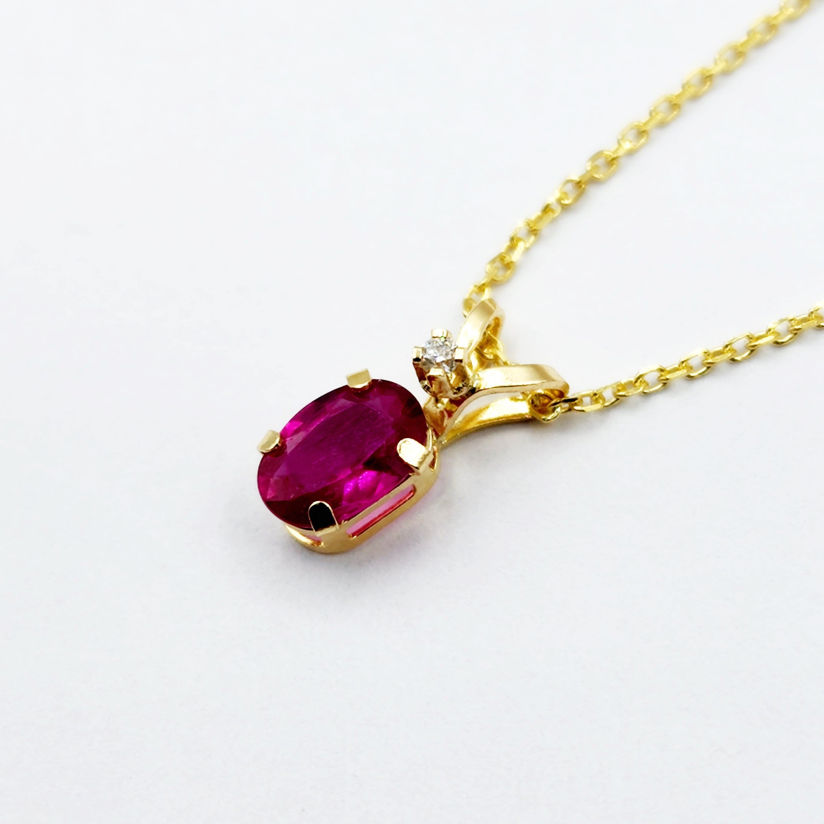 Gold Ruby Pendant Necklace, 14K Yellow Gold Genuine Ruby 6x4mm with Diamond Pendant, July Birthstone