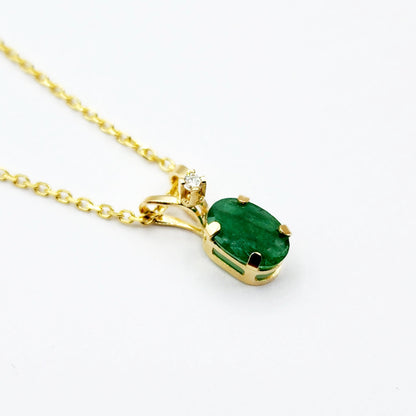 Gold Emerald Pendant Necklace, 14K Yellow Gold Genuine Emerald 6x4mm with Diamond Pendant, May Birthstone, Green Gemstone Jewelry, Gift Idea