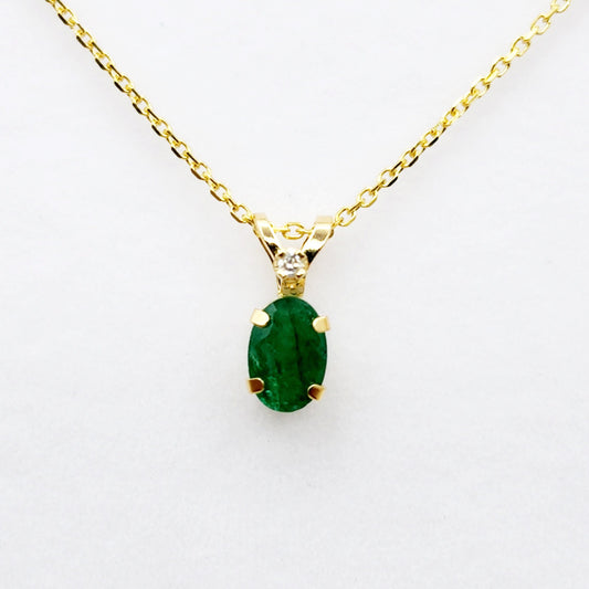 Gold Emerald Pendant Necklace, 14K Yellow Gold Genuine Emerald 6x4mm with Diamond Pendant, May Birthstone, Green Gemstone Jewelry, Gift Idea