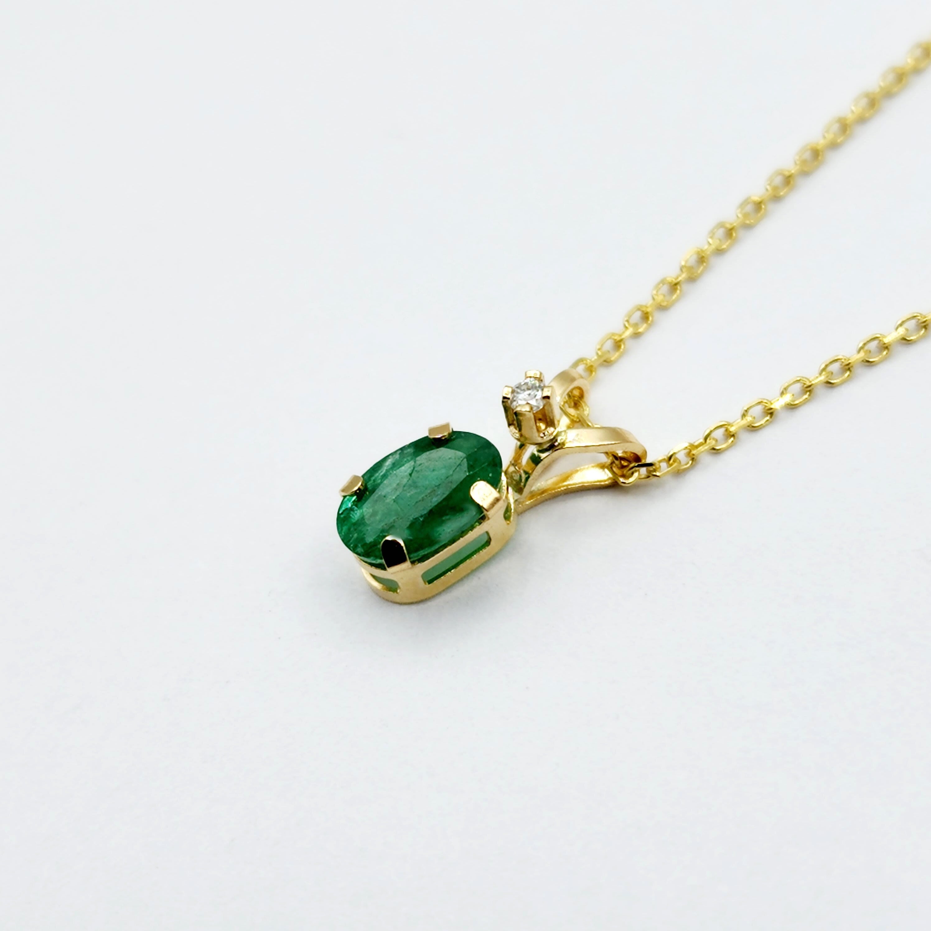 Gold Emerald Pendant Necklace, 14K Yellow Gold Genuine Emerald 6x4mm with Diamond Pendant, May Birthstone, Green Gemstone Jewelry, Gift Idea