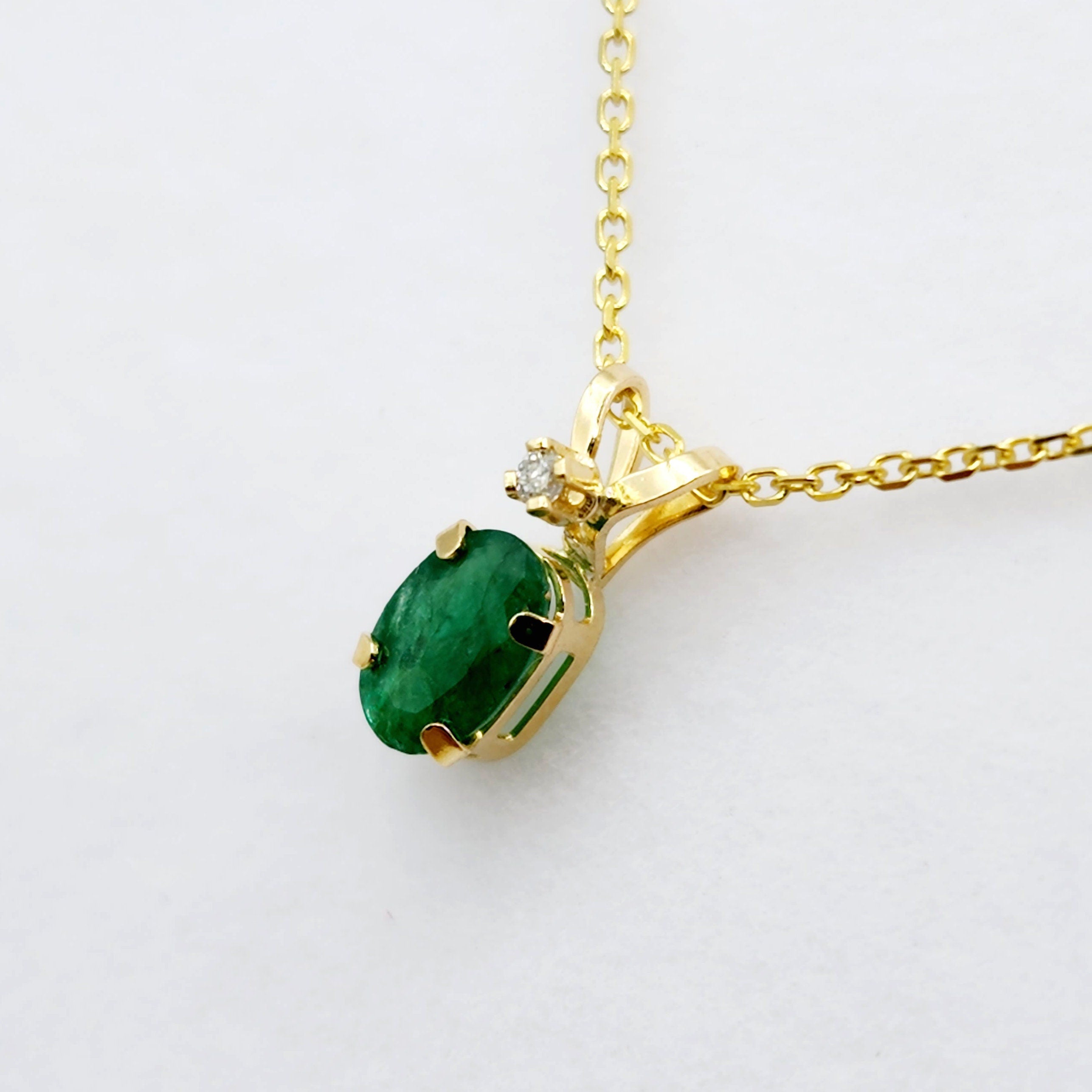 Gold Emerald Pendant Necklace, 14K Yellow Gold Genuine Emerald 6x4mm with Diamond Pendant, May Birthstone, Green Gemstone Jewelry, Gift Idea