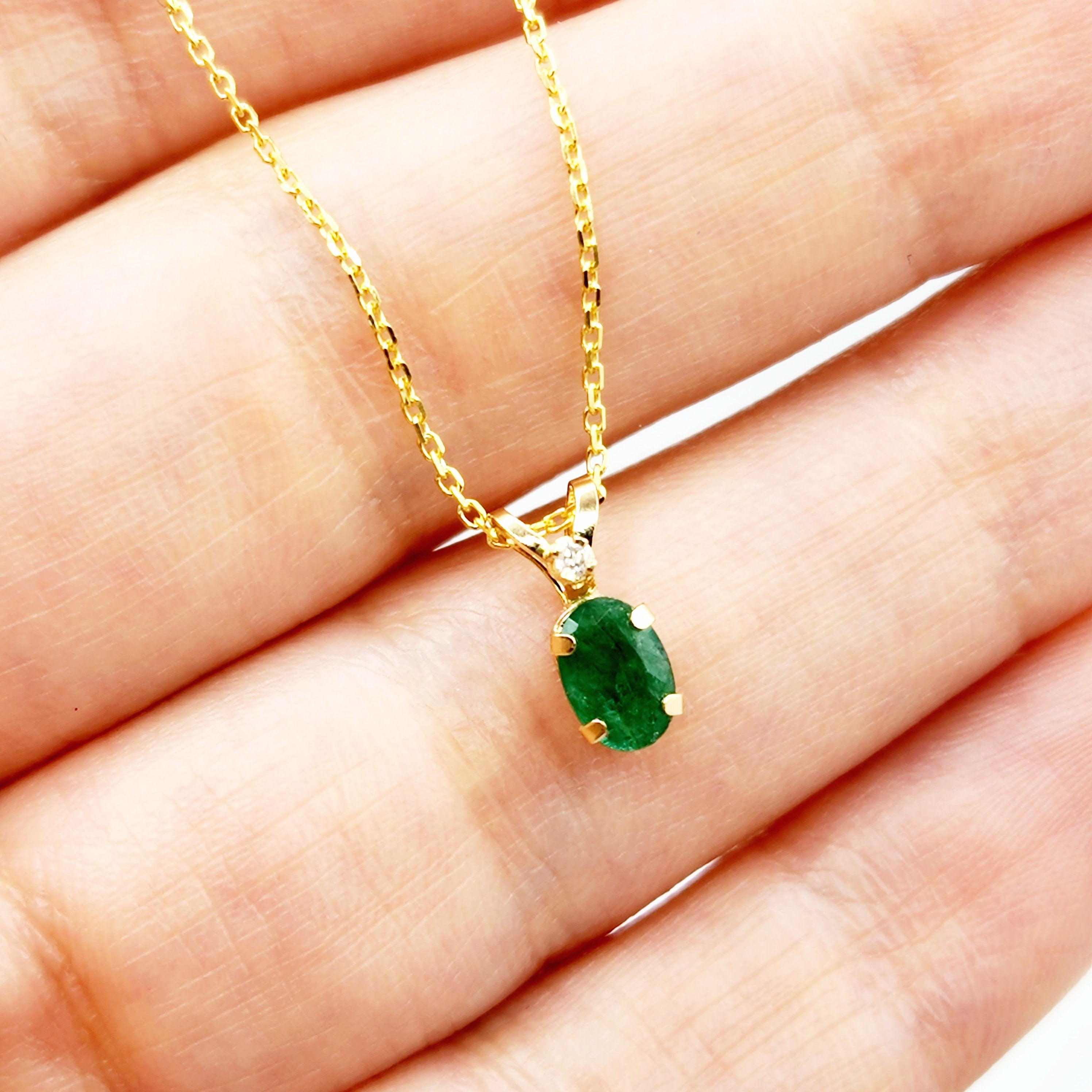 Gold Emerald Pendant Necklace, 14K Yellow Gold Genuine Emerald 6x4mm with Diamond Pendant, May Birthstone, Green Gemstone Jewelry, Gift Idea