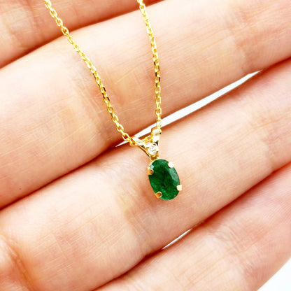 Gold Emerald Pendant Necklace, 14K Yellow Gold Genuine Emerald 6x4mm with Diamond Pendant, May Birthstone, Green Gemstone Jewelry, Gift Idea