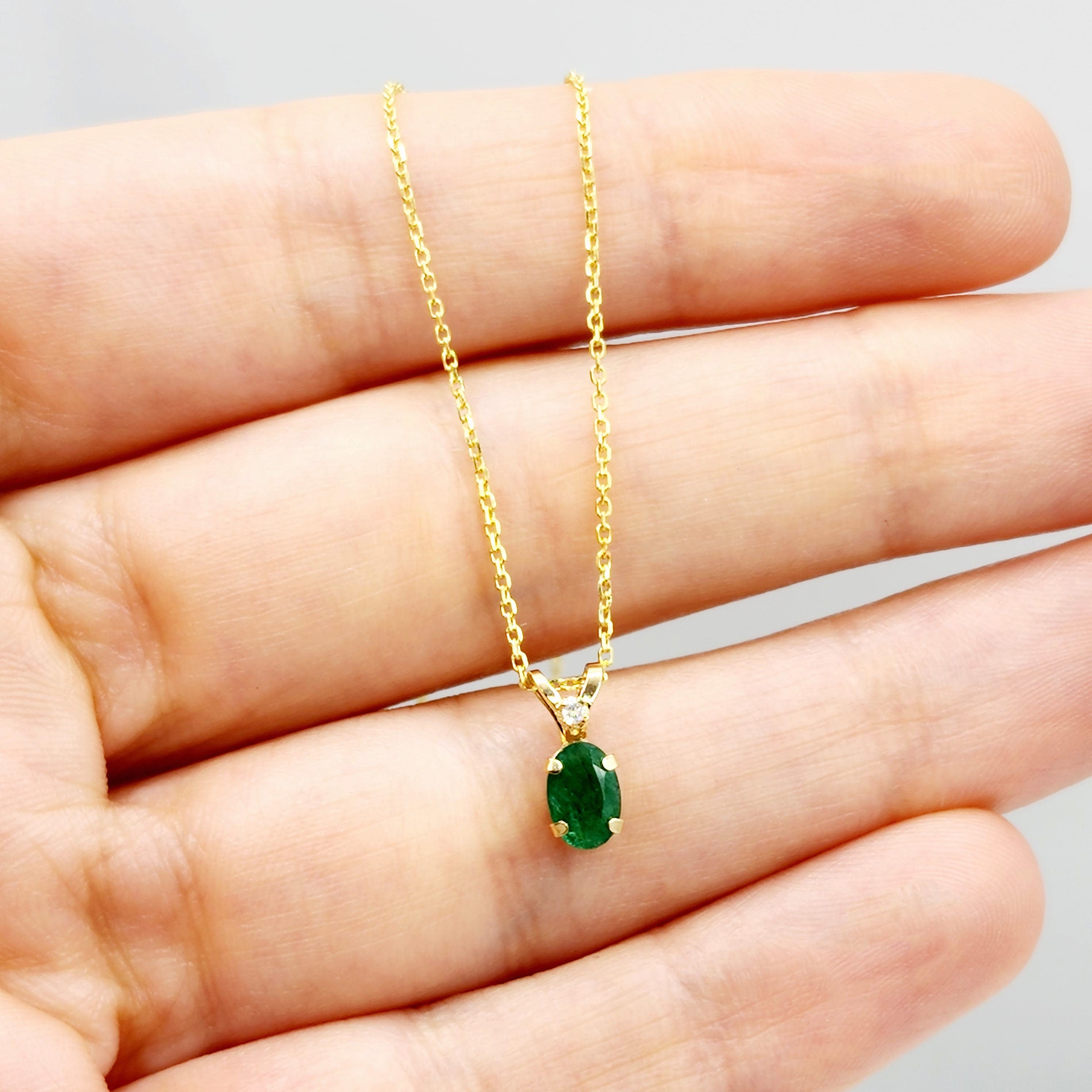 Gold Emerald Pendant Necklace, 14K Yellow Gold Genuine Emerald 6x4mm with Diamond Pendant, May Birthstone, Green Gemstone Jewelry, Gift Idea