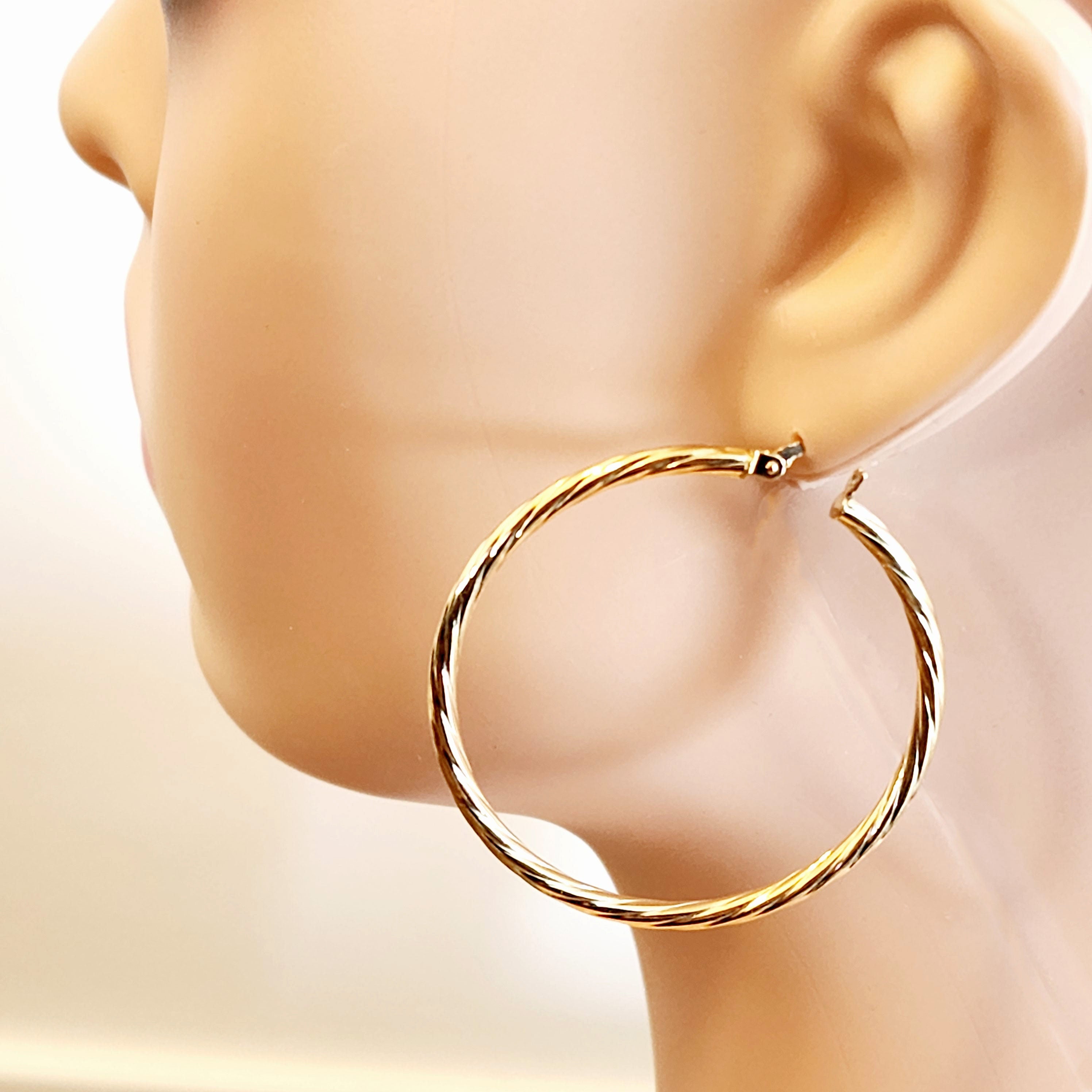 Gold Hoop Texture Earrings, 10K Yellow Gold Circle Earrings 45mm, Trendy Earrings, Large Size Gold Hoops, Textured Thin Light Everyday Hoop
