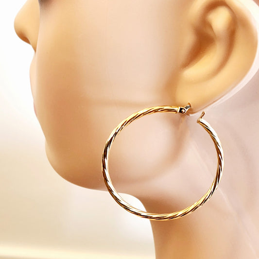Gold Hoop Texture Earrings, 10K Yellow Gold Circle Earrings 45mm, Trendy Earrings, Large Size Gold Hoops, Textured Thin Light Everyday Hoop