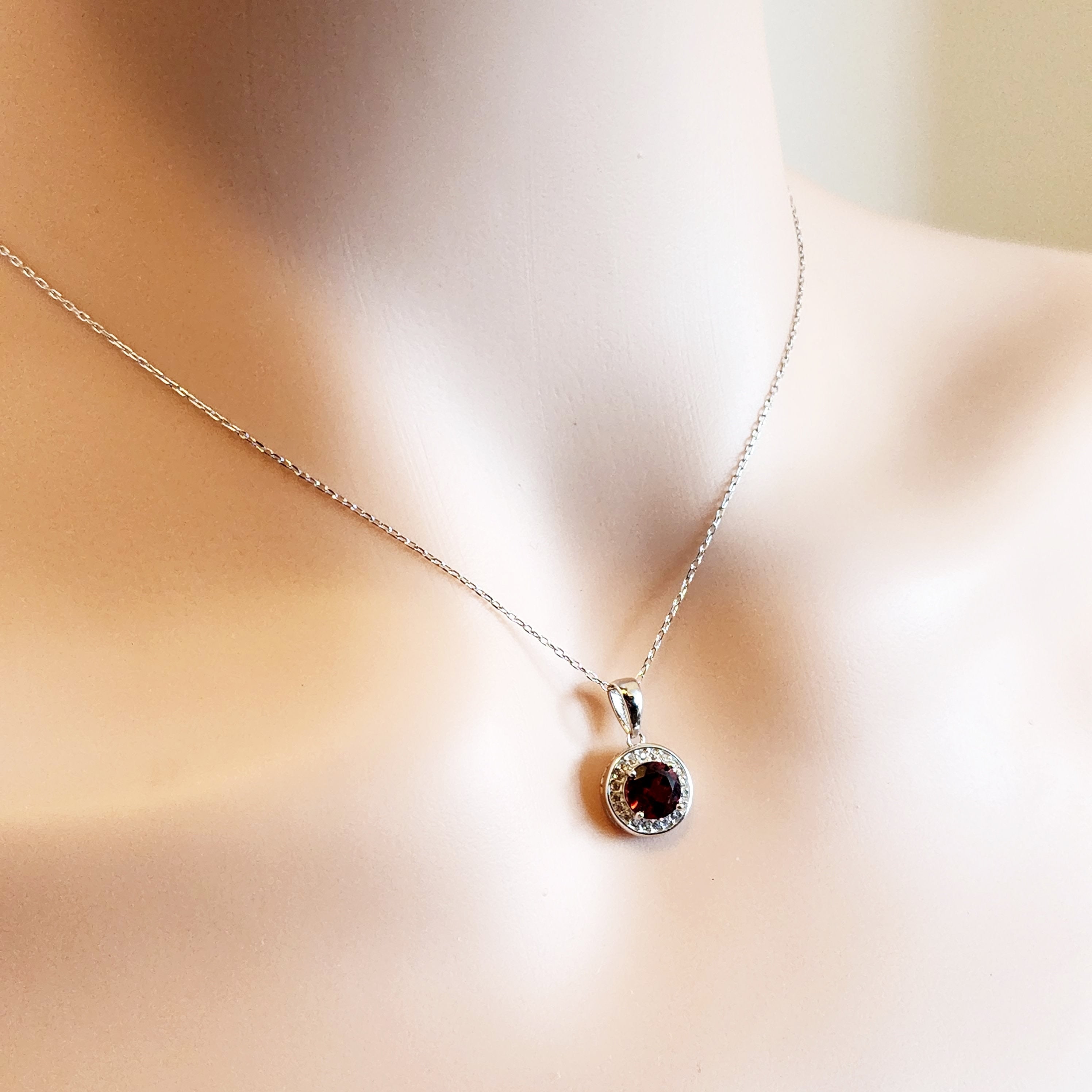 925 Sterling Silver with Natural Gemstones Pendant Necklace, Silver Genuine Gemstone 6x6mm Birthstone Necklace For Women
