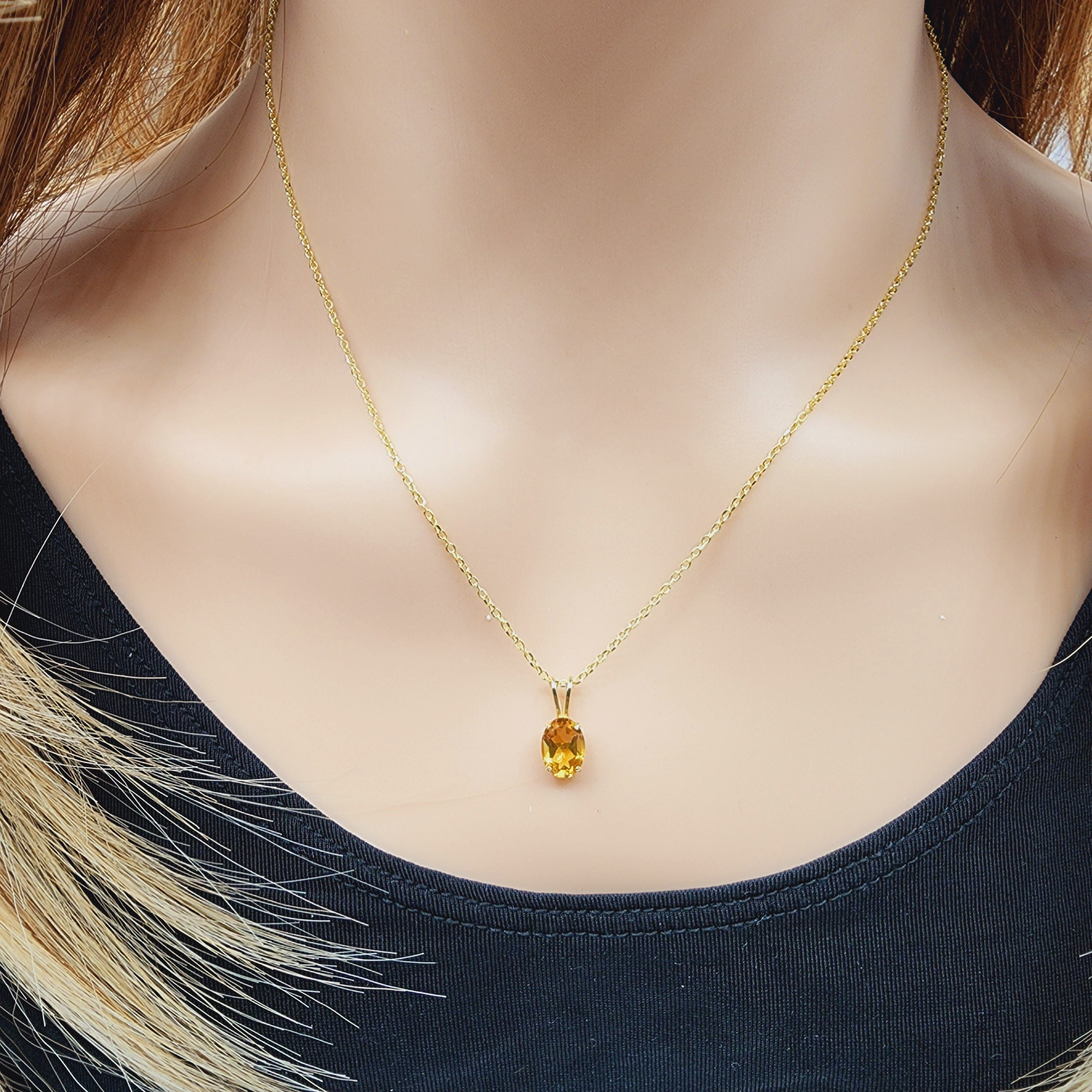 Gold Citrine Pendant Necklace, 10K Yellow Gold Citrine 8x6mm Pendant, November Birthstone, Citrine Jewelry