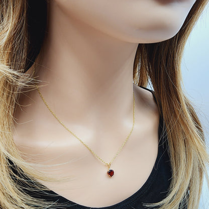 Gold Garnet Pendant, 10K Yellow Gold Genuine Garnet 6x6mm Pendant Necklace, January Birthstone, Valentine Gift for Girlfriend, Heart Pendant