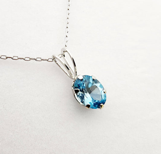 10K White Gold Blue Topaz Pendant Necklace, Handmade Birthstone Jewelry