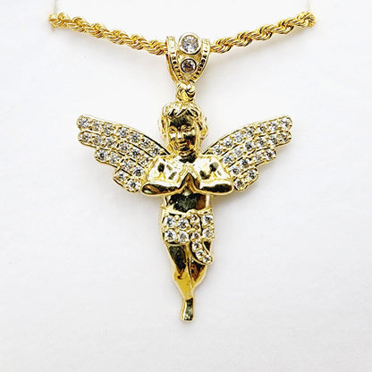 Gold Angel Pendant, 10K Yellow Gold Angel Pendant, Dainty Gold Necklace, Luxury Gift , Boyfriend Gift, Big Pendant, Large Gold Pendant