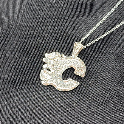 Silver Calgary Flames Pendant, C Logo Calgary Flame Necklace, Silver Calgary Flame Pendant For Gift