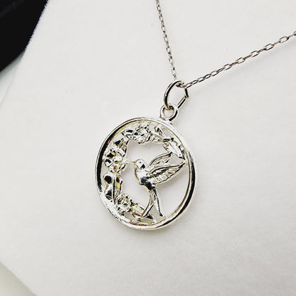 Sterling Silver Bird & Floral Pendant Necklace, Delicate Bird Jewelry