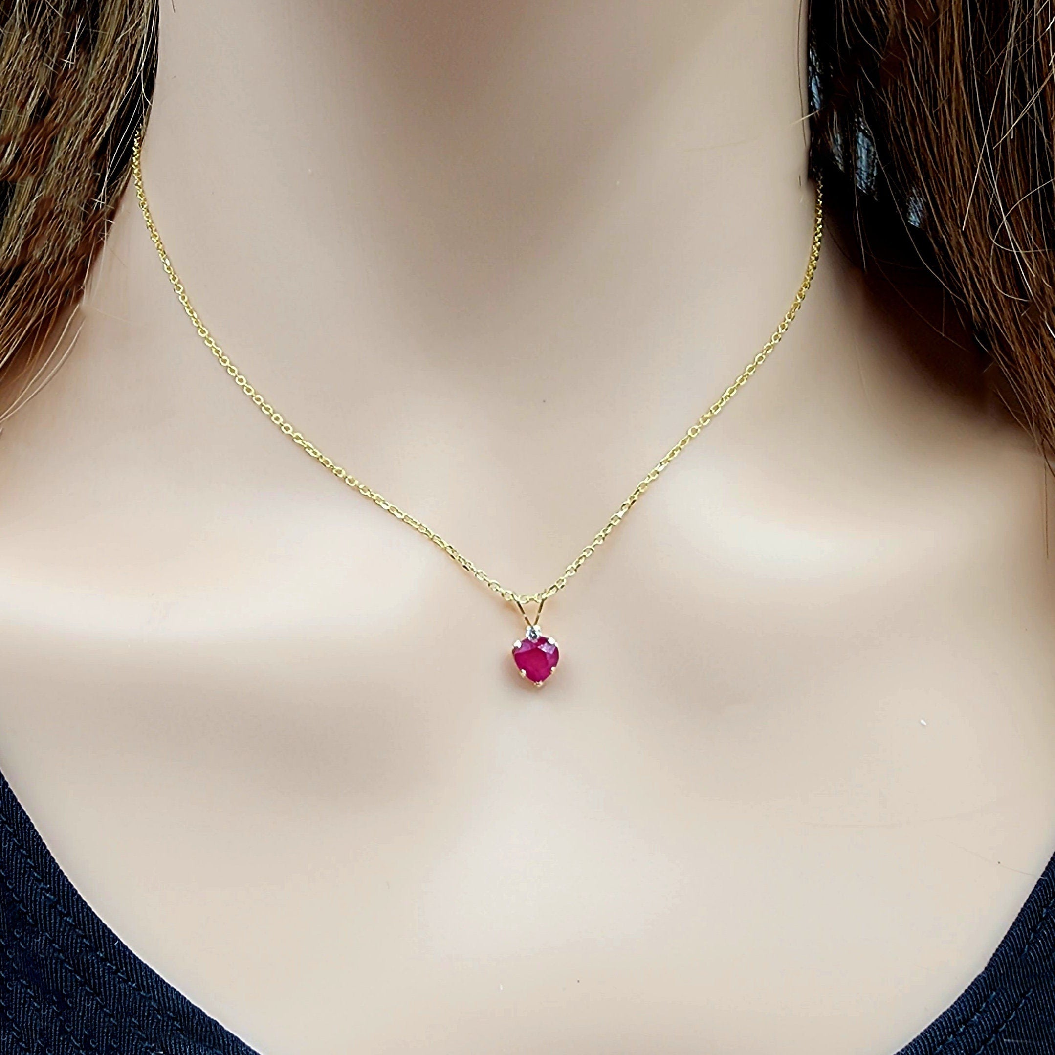Gold Ruby Pendant Necklace, 10K Yellow Gold Heart Shape Genuine Ruby 6x6mm with White Topaz Pendant, July Birthstone