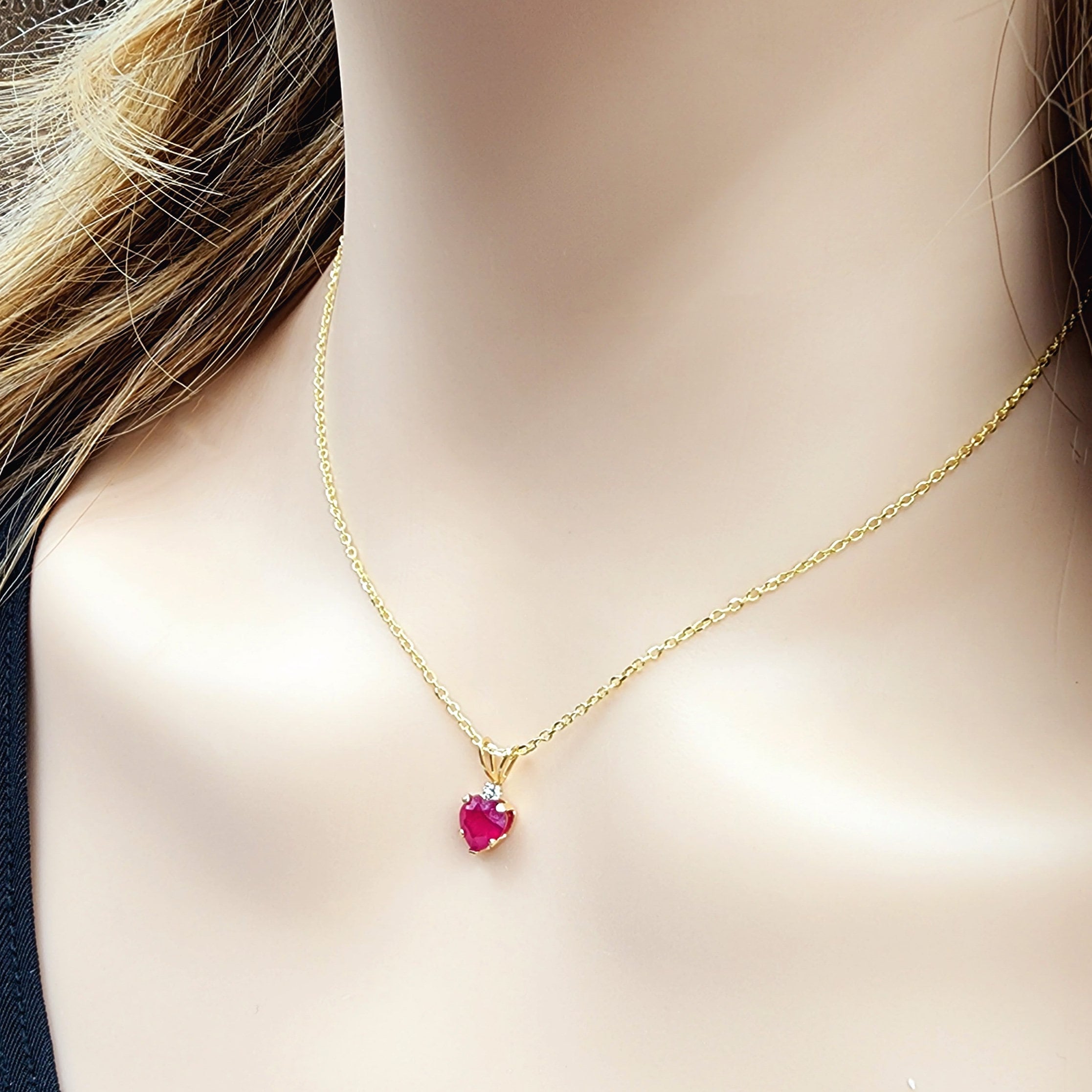 Gold Ruby Pendant Necklace, 10K Yellow Gold Heart Shape Genuine Ruby 6x6mm with White Topaz Pendant, July Birthstone