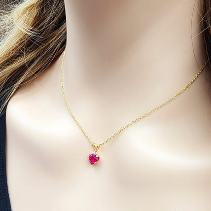 Gold Ruby Pendant Necklace, 10K Yellow Gold Heart Shape Genuine Ruby 6x6mm with White Topaz Pendant, July Birthstone