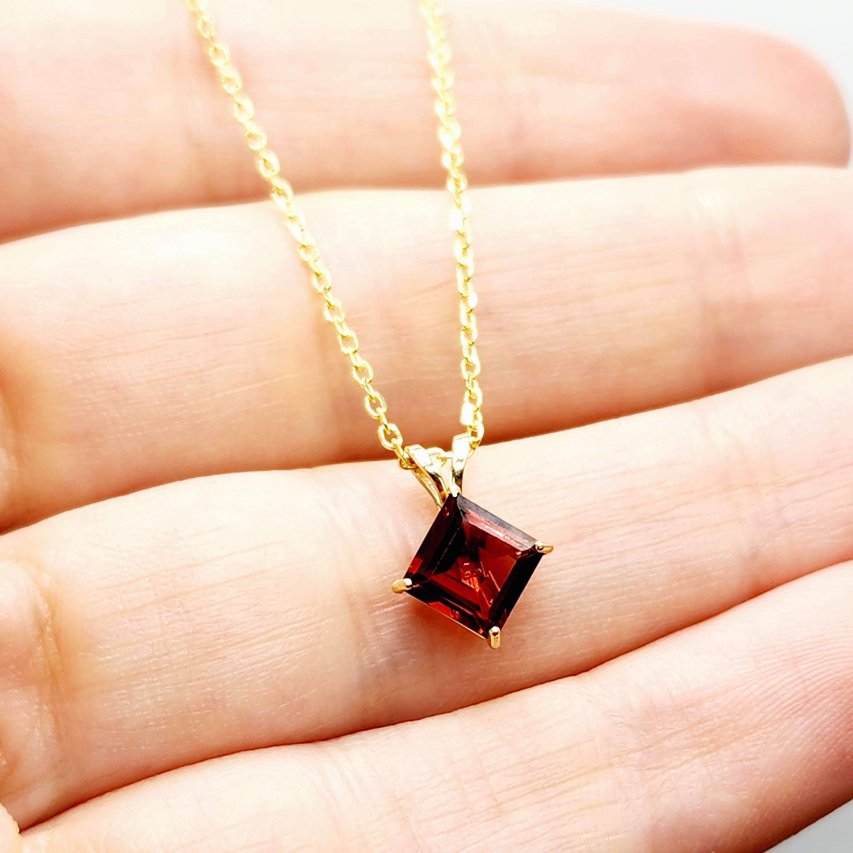 Gold Garnet Pendant Necklace , 10K Yellow Gold Genuine Square Garnet 6x6mm Pendant, January Birthstone, Red Gemstone Garnet Jewelry Gift