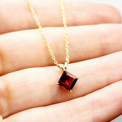 Gold Garnet Pendant Necklace , 10K Yellow Gold Genuine Square Garnet 6x6mm Pendant, January Birthstone, Red Gemstone Garnet Jewelry Gift