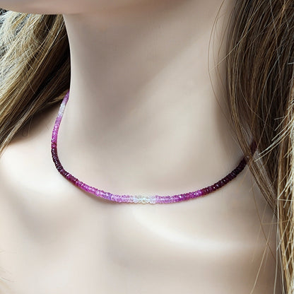 Gold Natural Ruby and Sapphire Beads Necklace,10K Yellow Gold Beaded Necklace, Colorful Beaded Necklace, Dainty Necklace Jewelry Gift