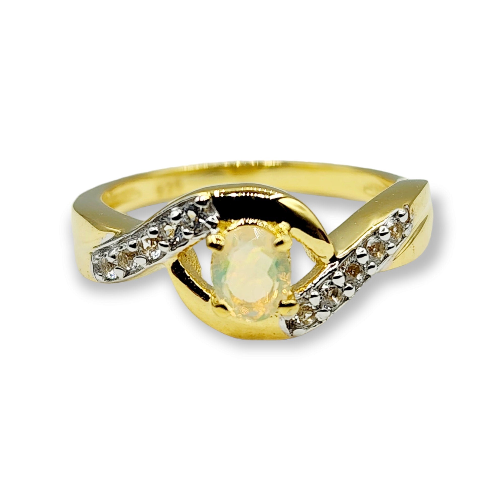 Sterling Silver Opal Ring Set with Genuine Ethiopian Opal and White Sapphire, Dainty Fire Opal Ring, October Birthstone Jewelry Gift for Her