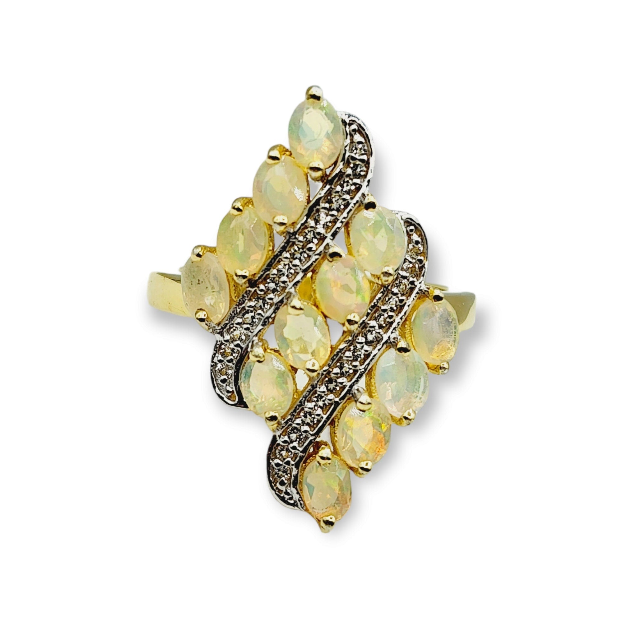 Sterling Silver Opal Ring Set with Genuine Ethiopian Opal and White Sapphire, Dainty Fire Opal Ring, October Birthstone Jewelry Gift for Her