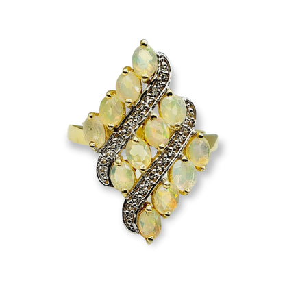 Sterling Silver Opal Ring Set with Genuine Ethiopian Opal and White Sapphire, Dainty Fire Opal Ring, October Birthstone Jewelry Gift for Her