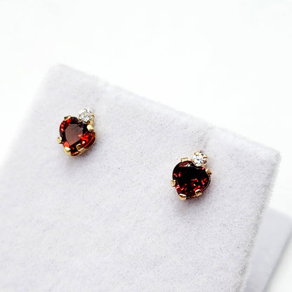 10K Yellow Gold Heart Garnet Stud Earrings, January Birthstone