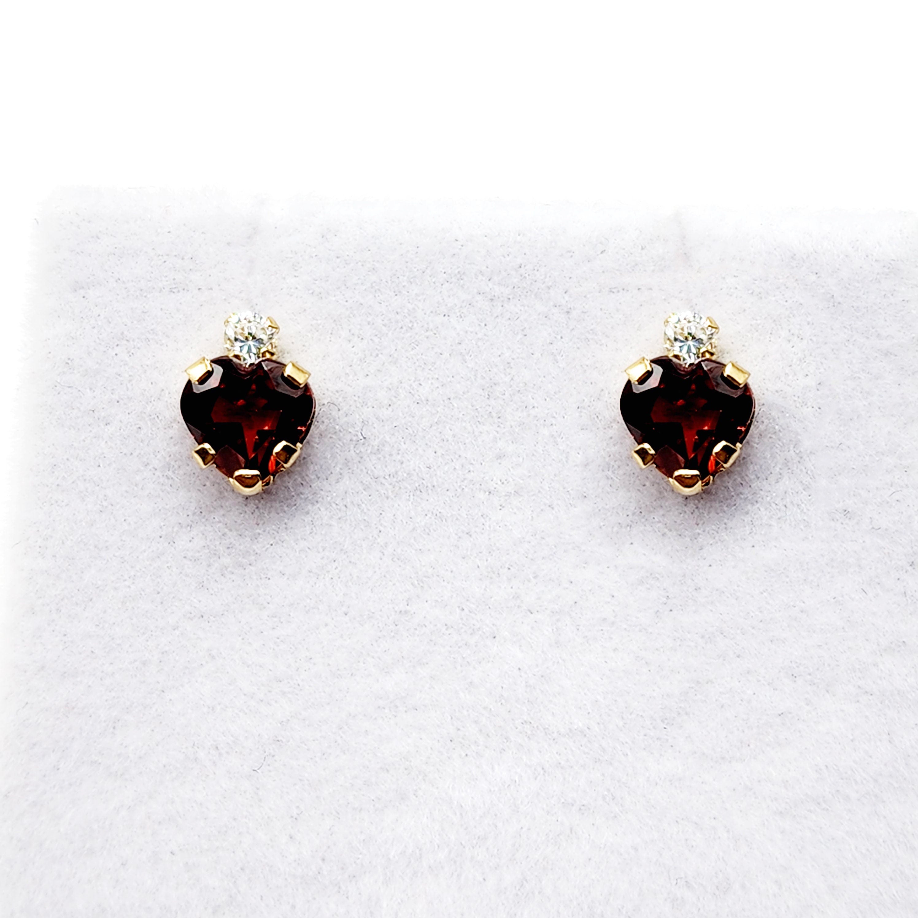 10K Yellow Gold Heart Garnet Stud Earrings, January Birthstone