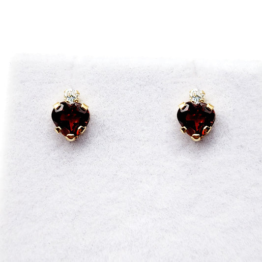 10K Yellow Gold Heart Garnet Stud Earrings, January Birthstone