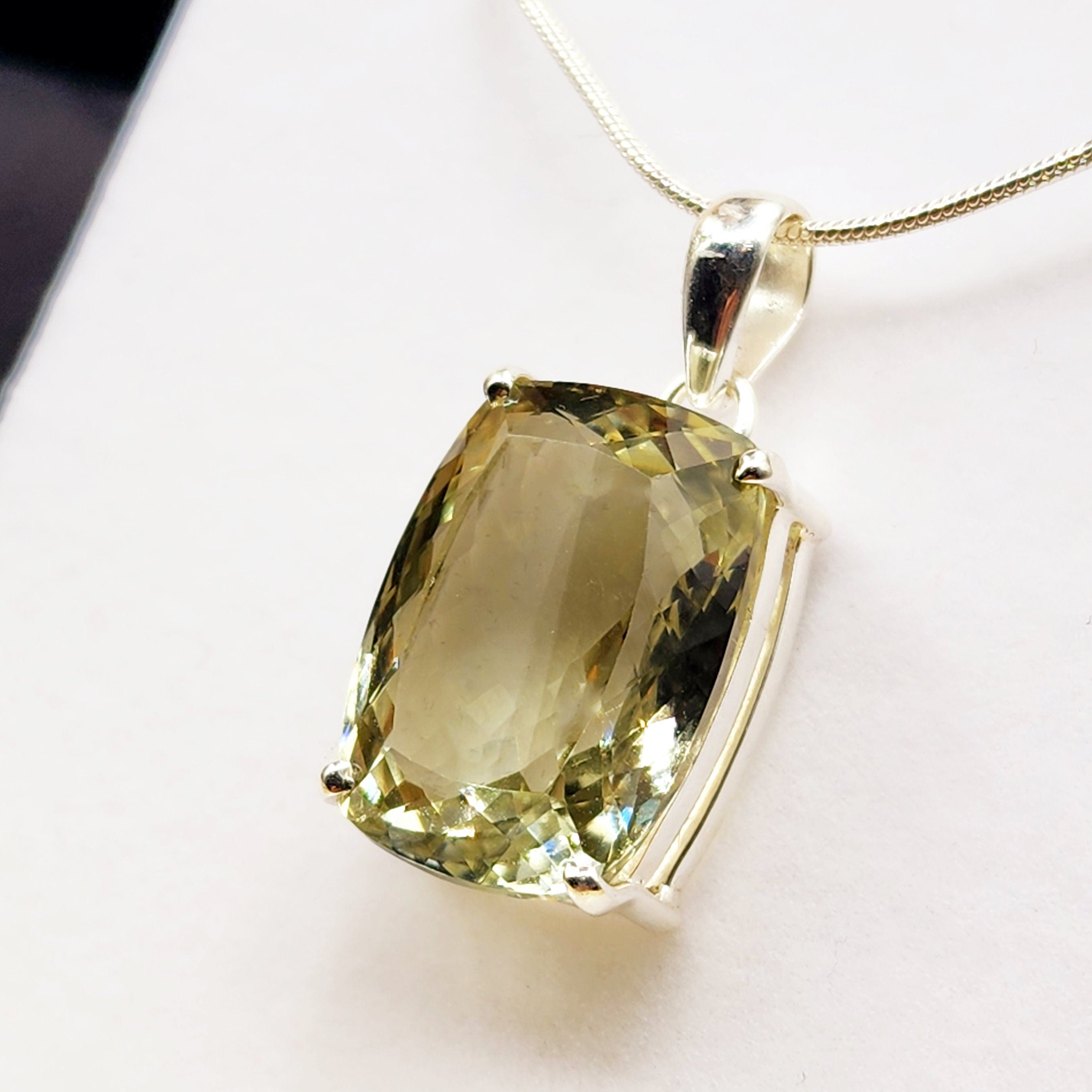 925 Sterling Silver Green Amethyst Necklace, Genuine Green Big Gemstone Pendant with Silver Chain for Men and Women, Large Pendant for Gift