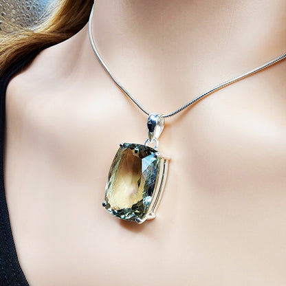 925 Sterling Silver Green Amethyst Necklace, Genuine Green Big Gemstone Pendant with Silver Chain for Men and Women, Large Pendant for Gift