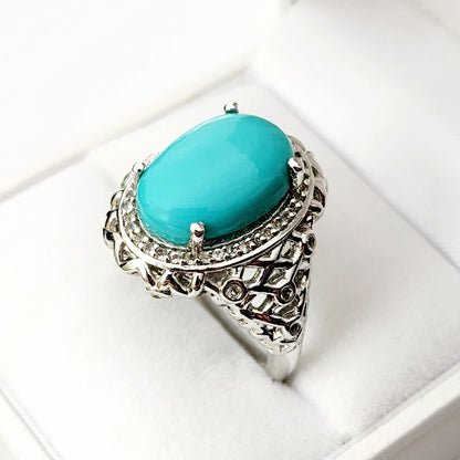 Sterling Silver Turquoise Ring, 925 Silver Genuine Turquoise with White Topaz Ring, Blue Gemstone Big Ring