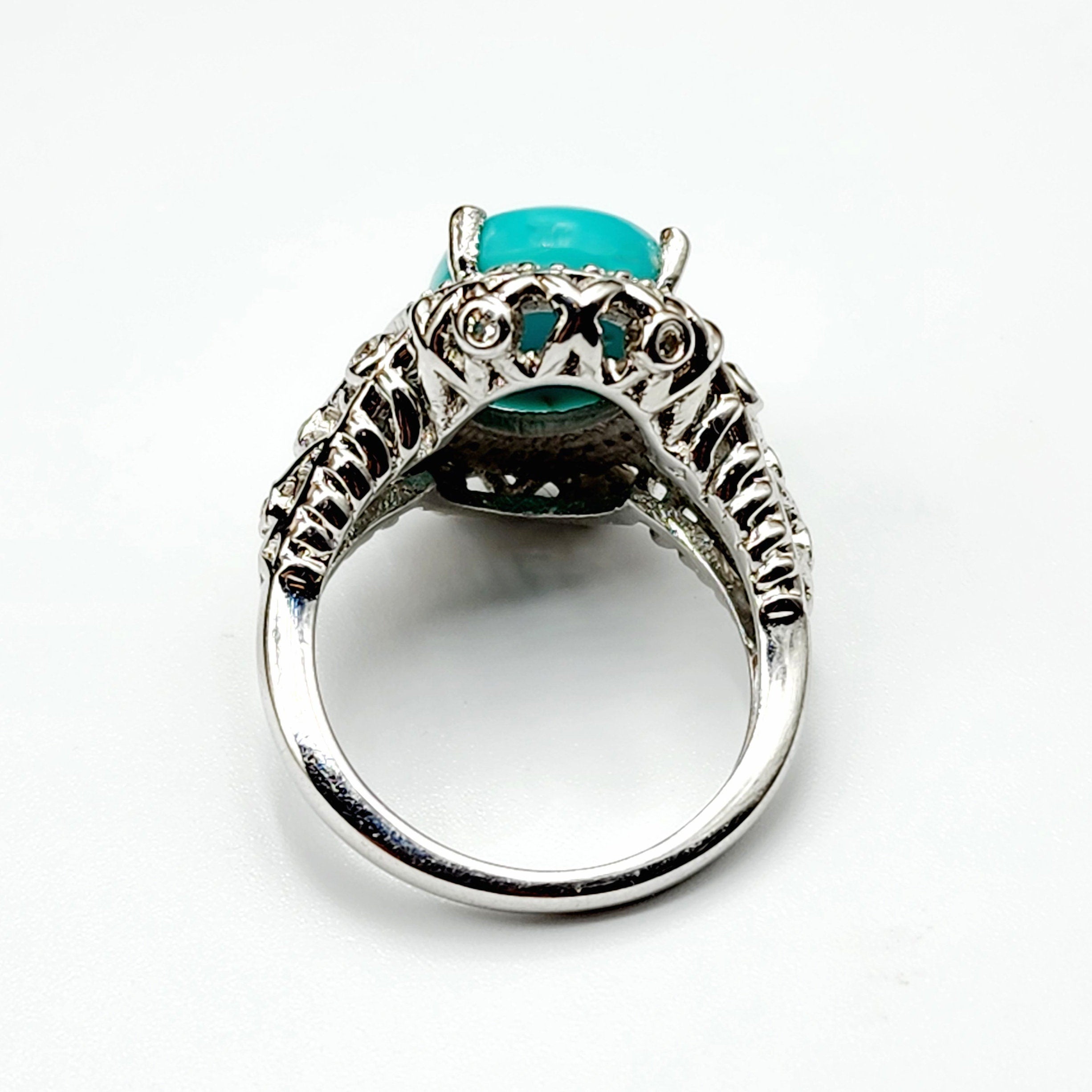 Sterling Silver Turquoise Ring, 925 Silver Genuine Turquoise with White Topaz Ring, Blue Gemstone Big Ring