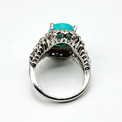 Sterling Silver Turquoise Ring, 925 Silver Genuine Turquoise with White Topaz Ring, Blue Gemstone Big Ring