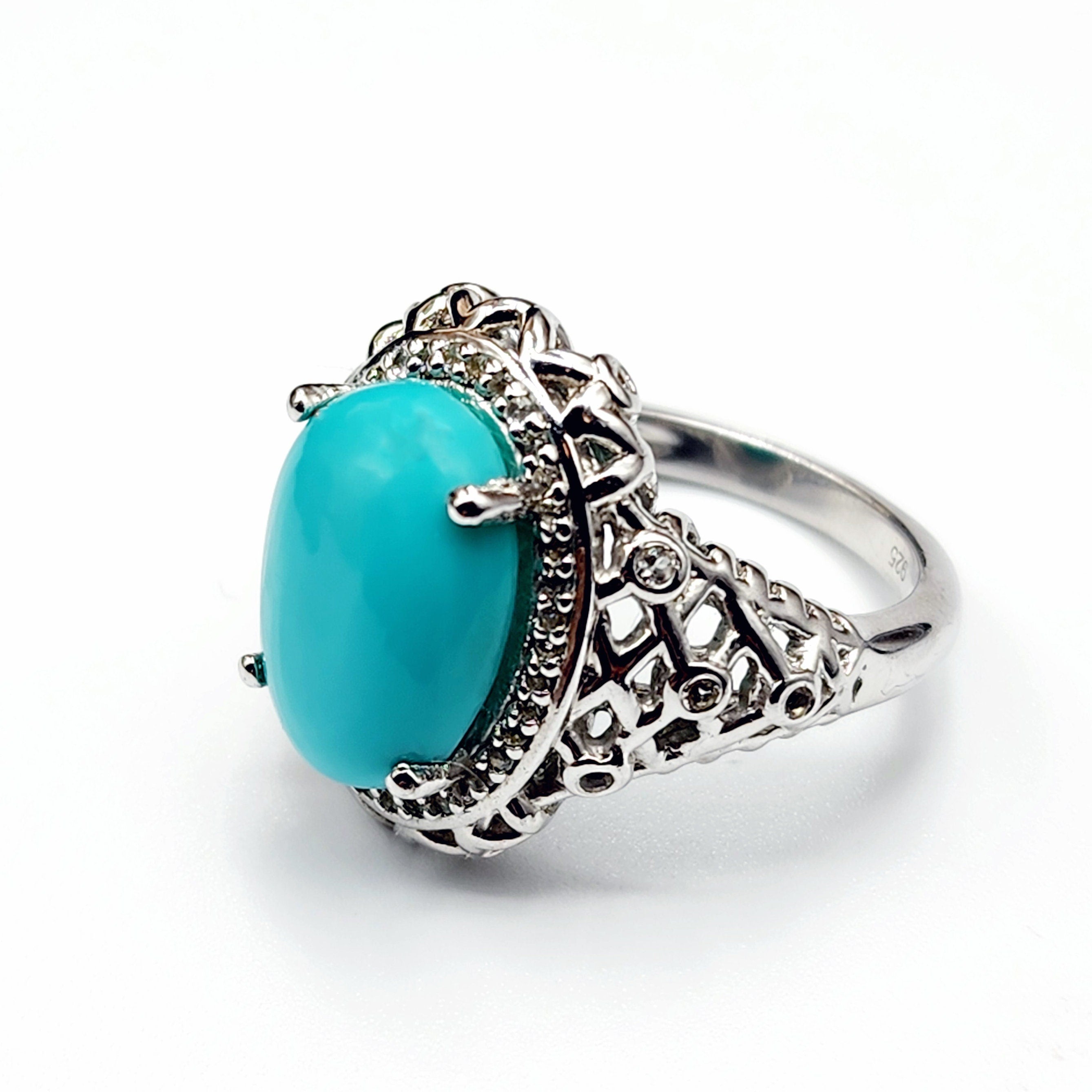 Sterling Silver Turquoise Ring, 925 Silver Genuine Turquoise with White Topaz Ring, Blue Gemstone Big Ring