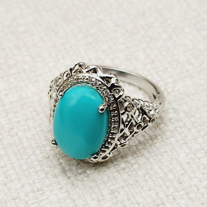 Sterling Silver Turquoise Ring, 925 Silver Genuine Turquoise with White Topaz Ring, Blue Gemstone Big Ring