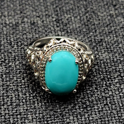 Sterling Silver Turquoise Ring, 925 Silver Genuine Turquoise with White Topaz Ring, Blue Gemstone Big Ring