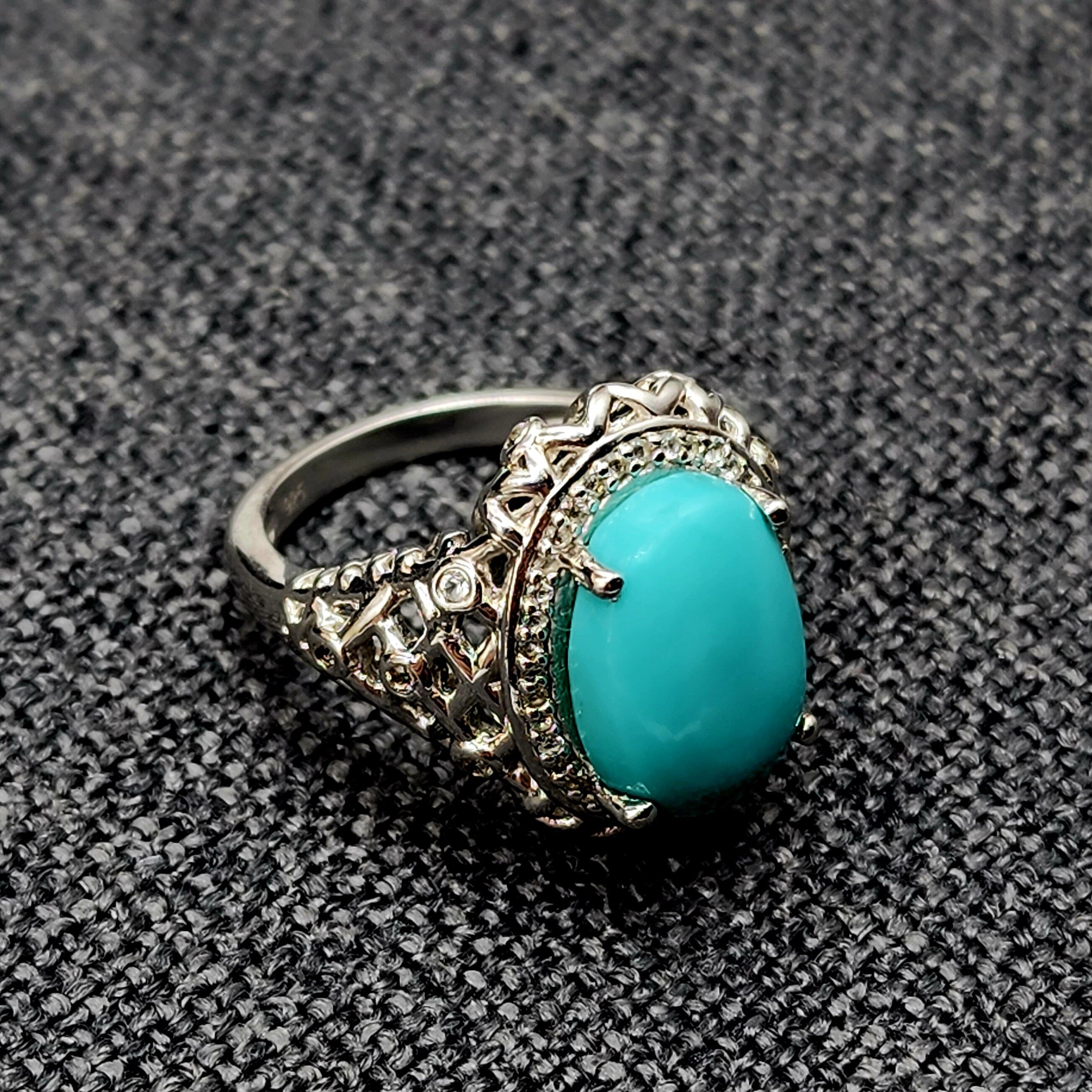 Sterling Silver Turquoise Ring, 925 Silver Genuine Turquoise with White Topaz Ring, Blue Gemstone Big Ring